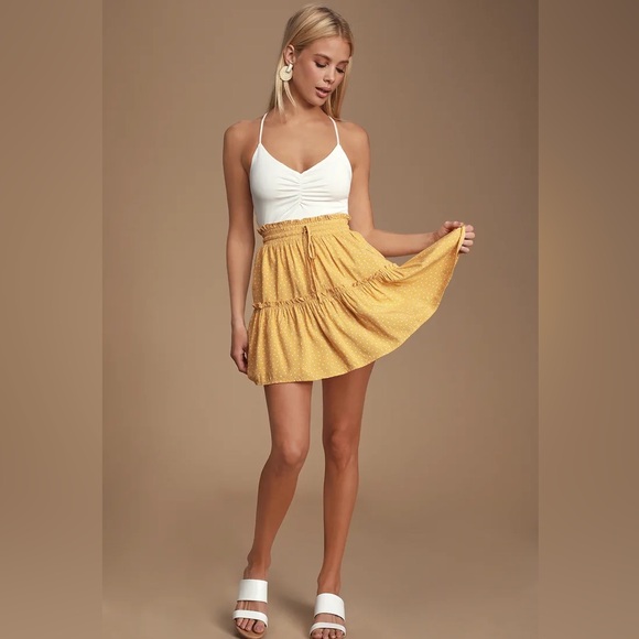 Lulus Call You Mine Mustard Yellow Polka Dot Ruffled Mini Skirt - Picture 3 of 12